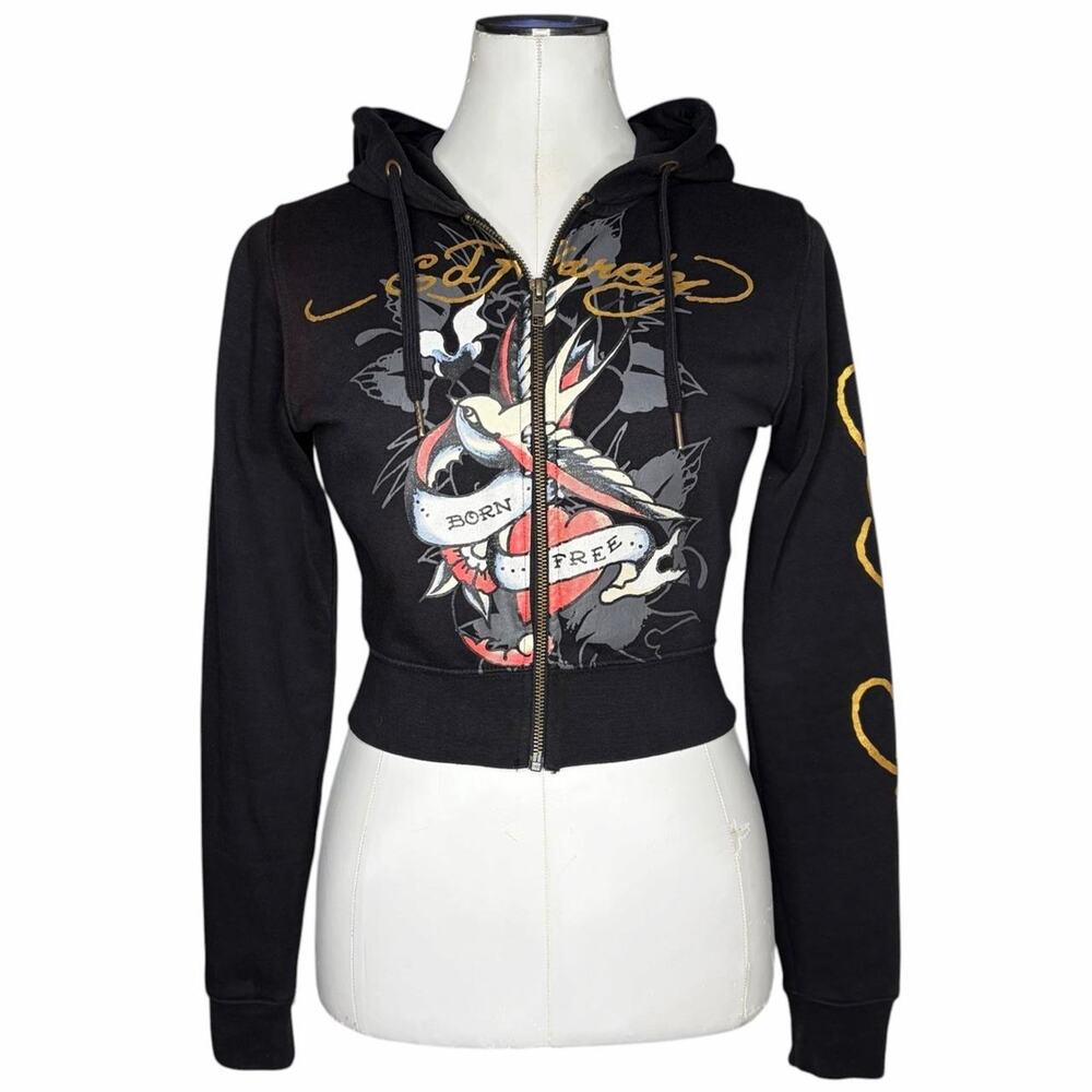 Ed Hardy Swallow Cropped Black Hoodie size M